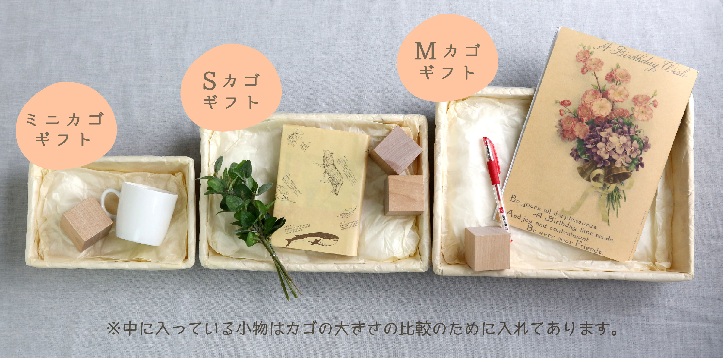 3種類のカゴサイズ比較（miniカゴ・Sカゴ・Mカゴ）